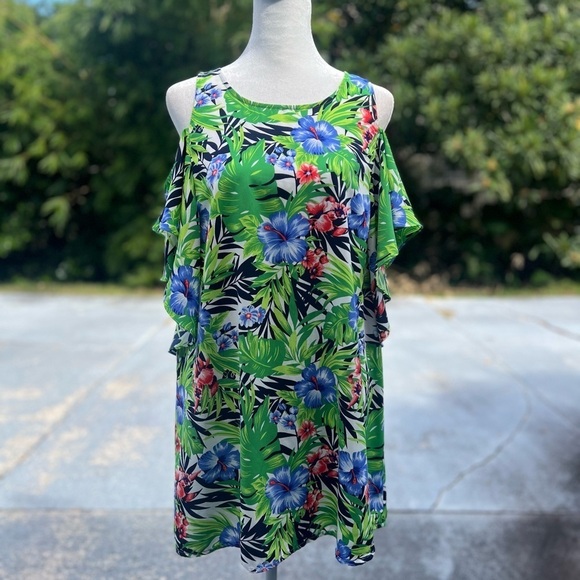 Everly Anthropologie Floral Palm Cold Shoulder Mini Dress Keyhole Back Size S/M - Picture 1 of 7